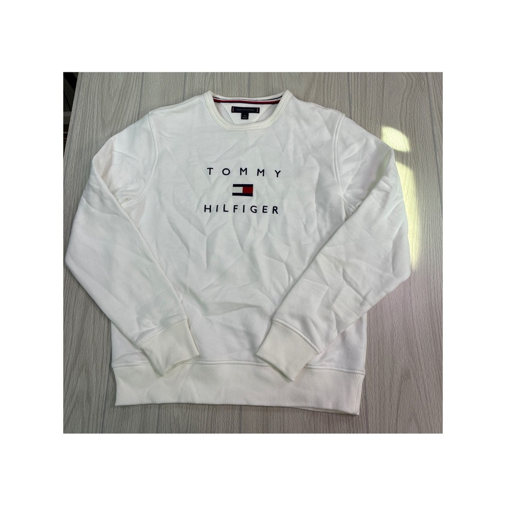 Tommy Hilfiger White Crewneck Sweatshirt Logo Fleece Pullover Small